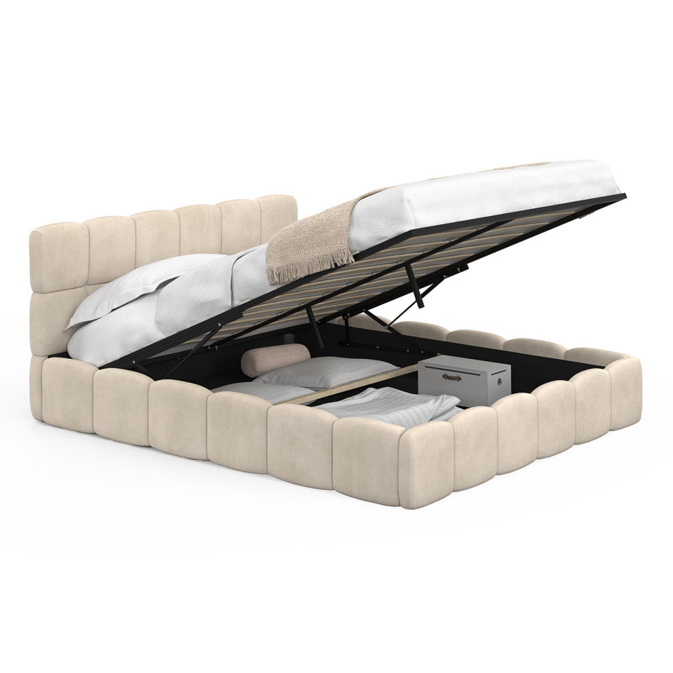 Lit coffre Bubble en velours beige avec sommier et tête de lit 160x200cm