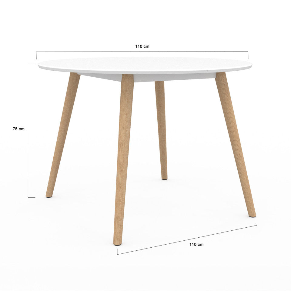 Table repas Stacy 110cm plateau rond blanc et pieds bois