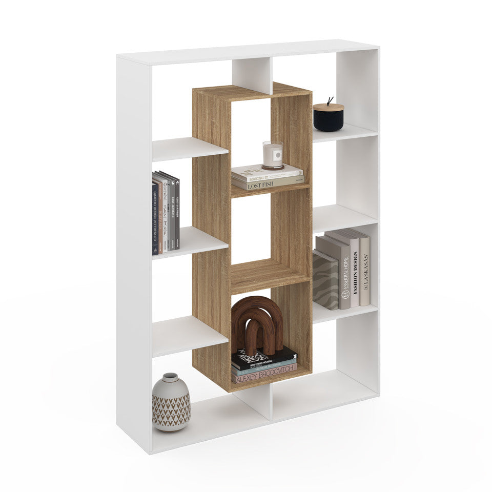 Etagère bibliothèque Paulette 11 compartiments bois et blanche 143cm