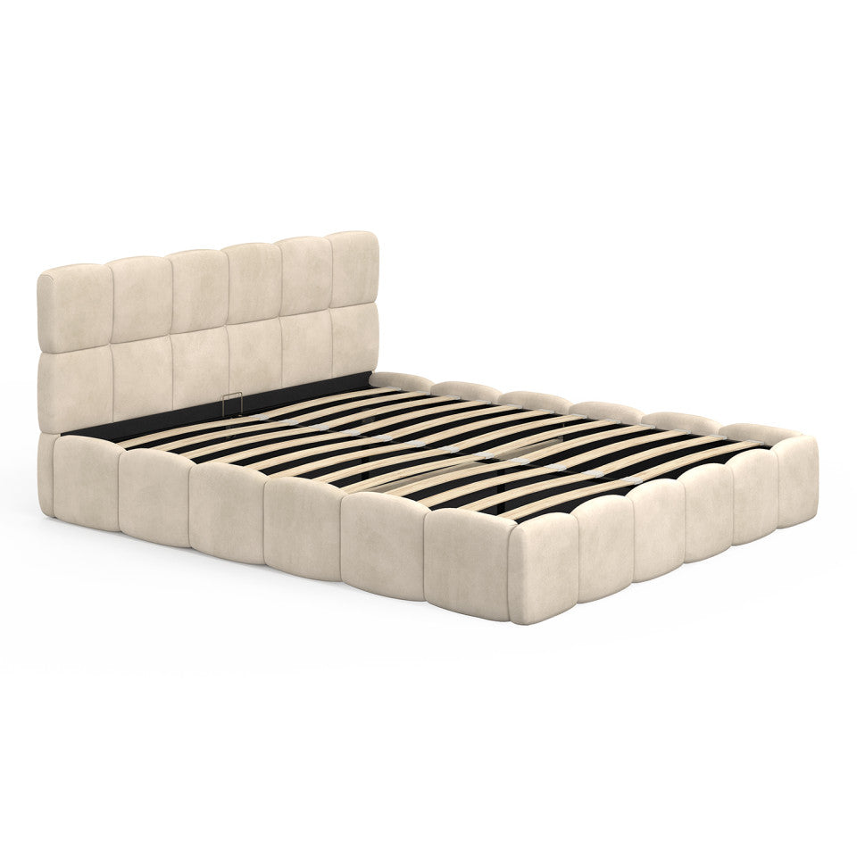 Lit coffre Bubble en velours beige avec sommier et tête de lit 160x200cm