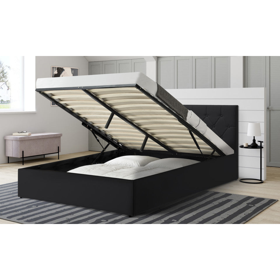 Lit coffre Hanna en PVC noir avec sommier et tête de lit 140x190cm