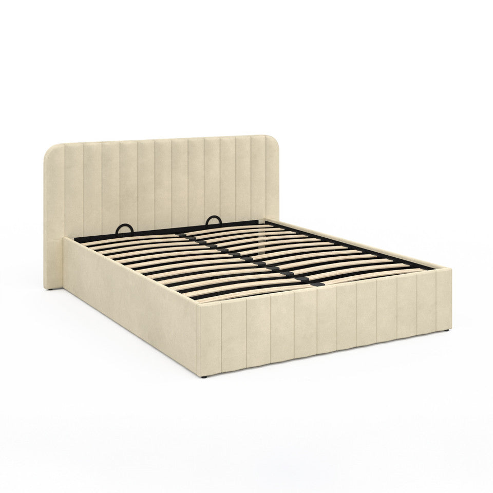 Lit coffre Valentina en velours beige avec sommier et tête de lit 160x200cm