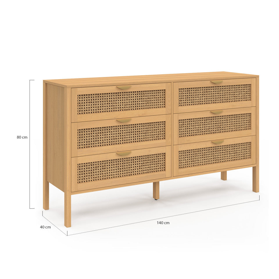 Commode Eve 6 tiroirs en cannage 140cm