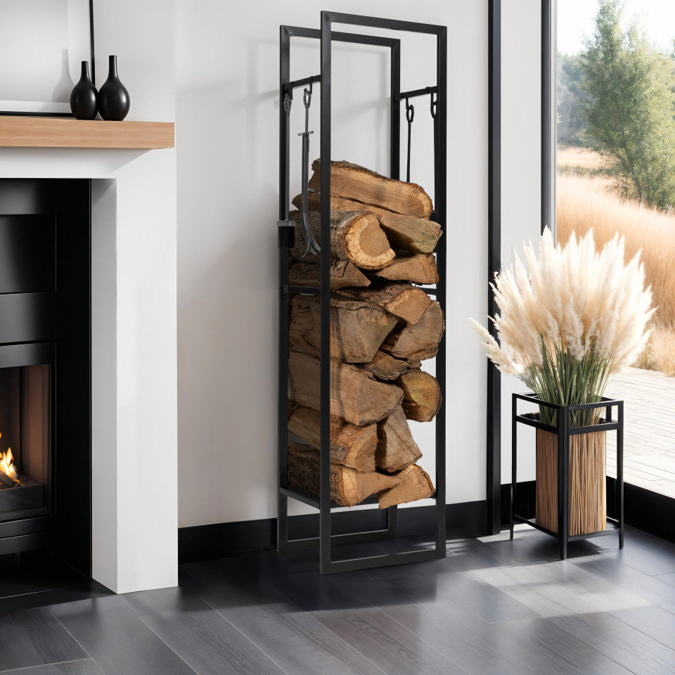 Range bûches vertical avec étagère et accessoires 170cm