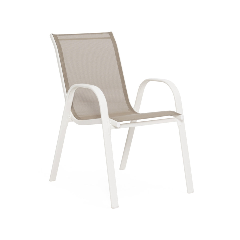 Ensemble de jardin Minorca 6 places en textiléne et verre trempé blanc et beige