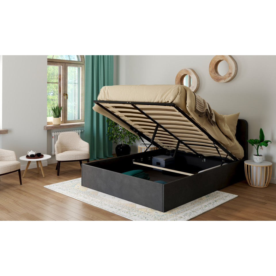 Lit coffre Louise en velours gris avec sommier et tête de lit arrondie 140x190cm