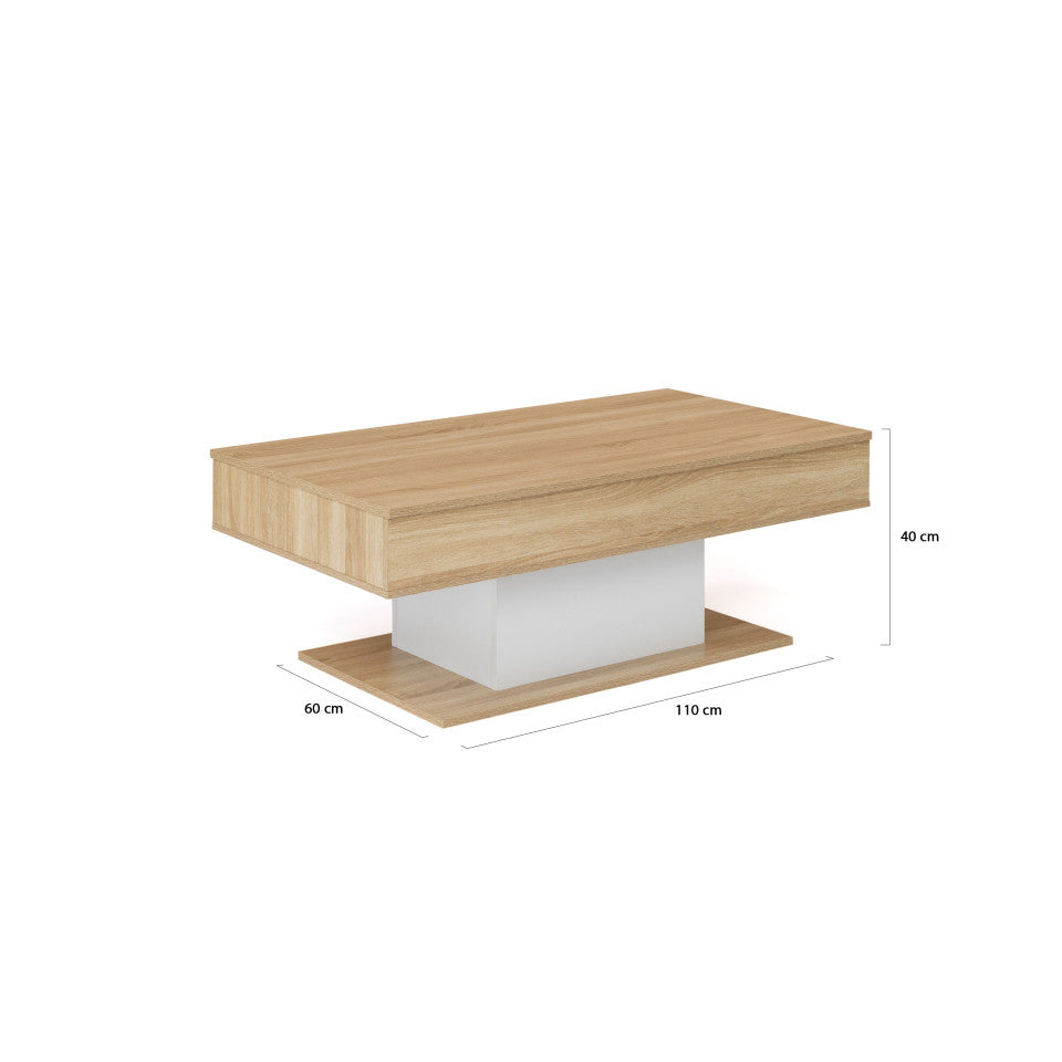 Table basse Tania avec plateau relevable bois et pieds blanc L110cm