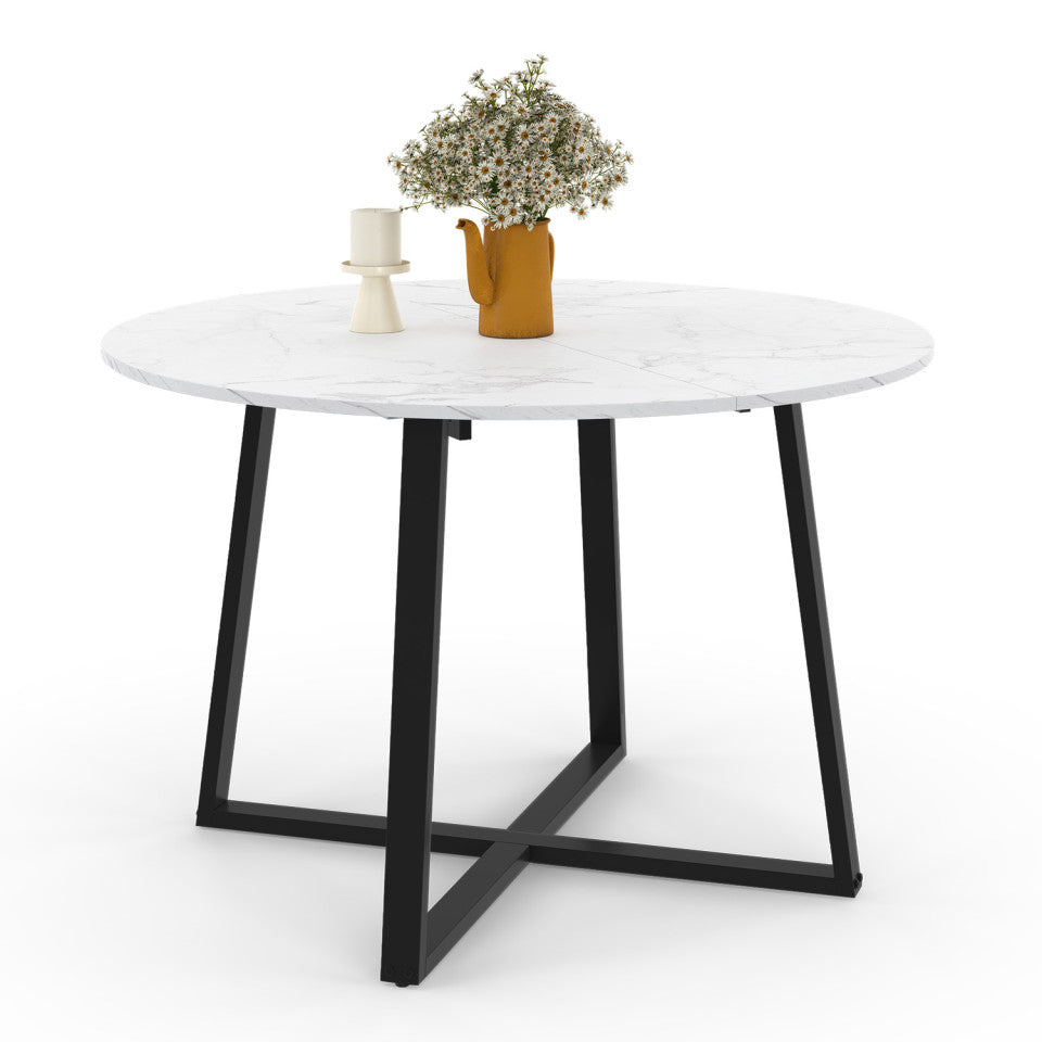 Table repas Sana plateau extensible 110-150cm rond effet marbre et pieds noirs