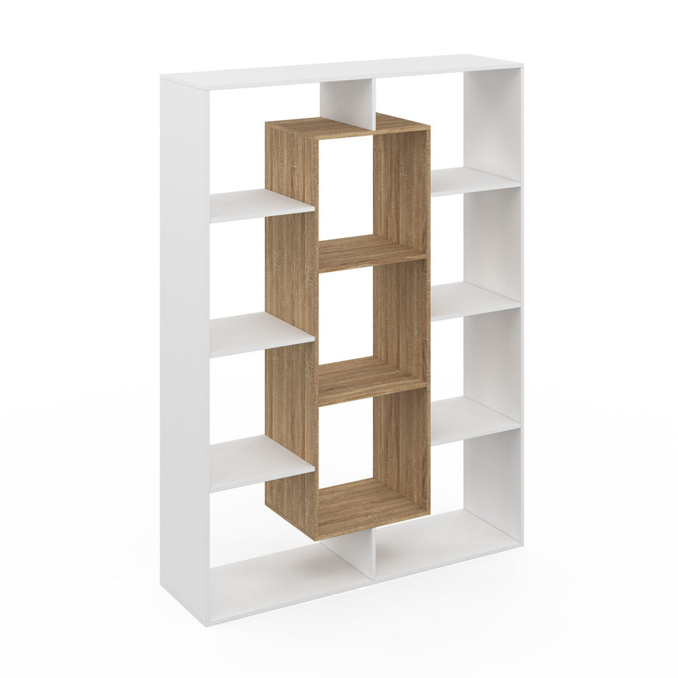 Etagère bibliothèque Paulette 11 compartiments bois et blanche 143cm
