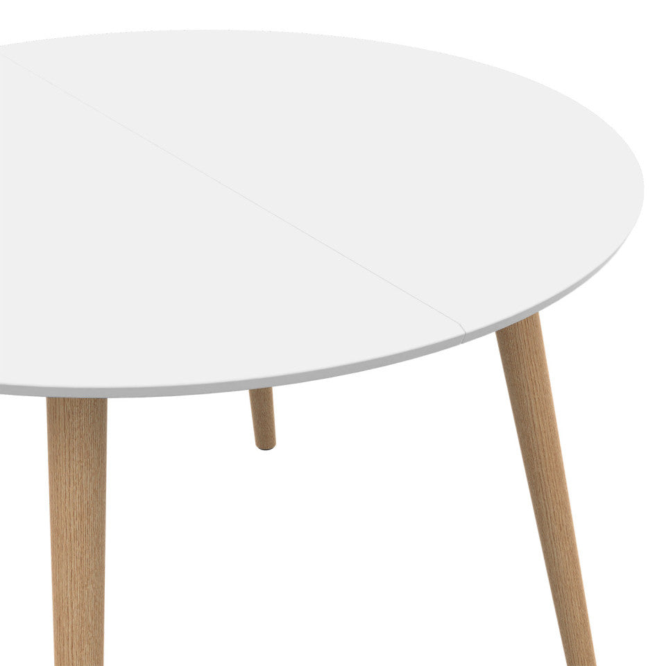 Table repas Stacy 110cm plateau rond blanc et pieds bois