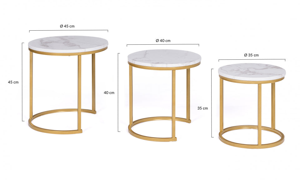 Tables basses rondes gigognes Glam plateau effet marbre blanc et pieds dorés - Lot de 3