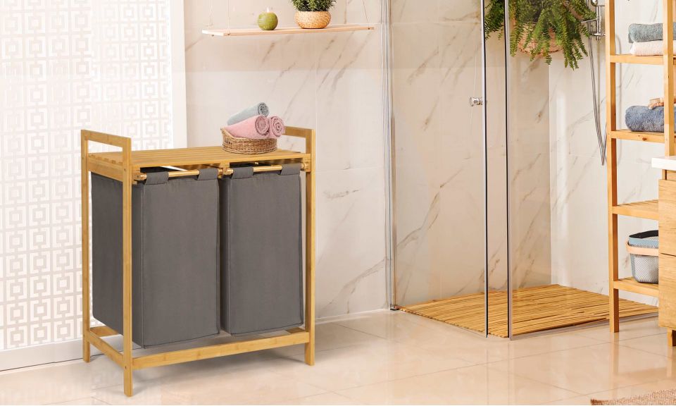 Panier à linge Maya deux compartiments en bambou gris