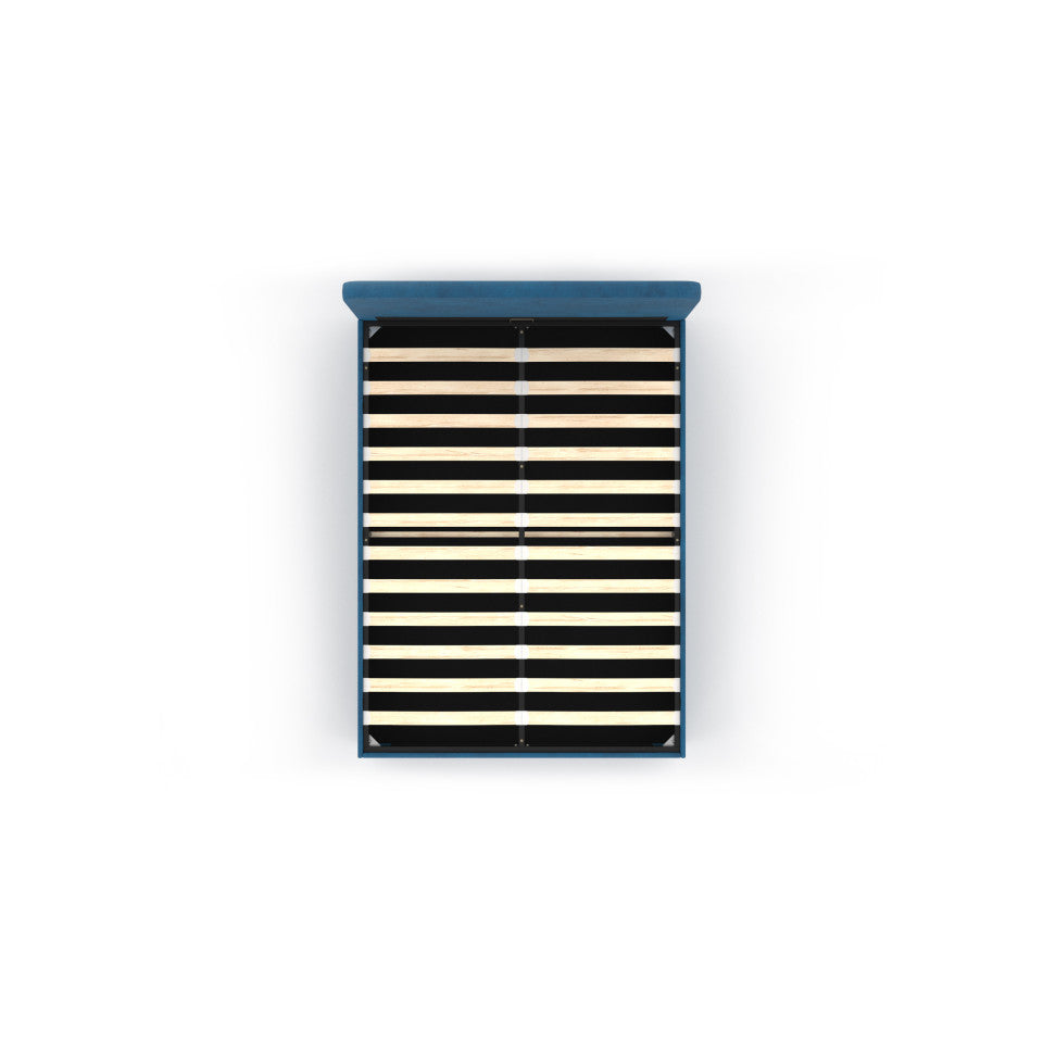 Lit coffre Louise en velours bleu avec sommier et tête de lit arrondie 140x190cm