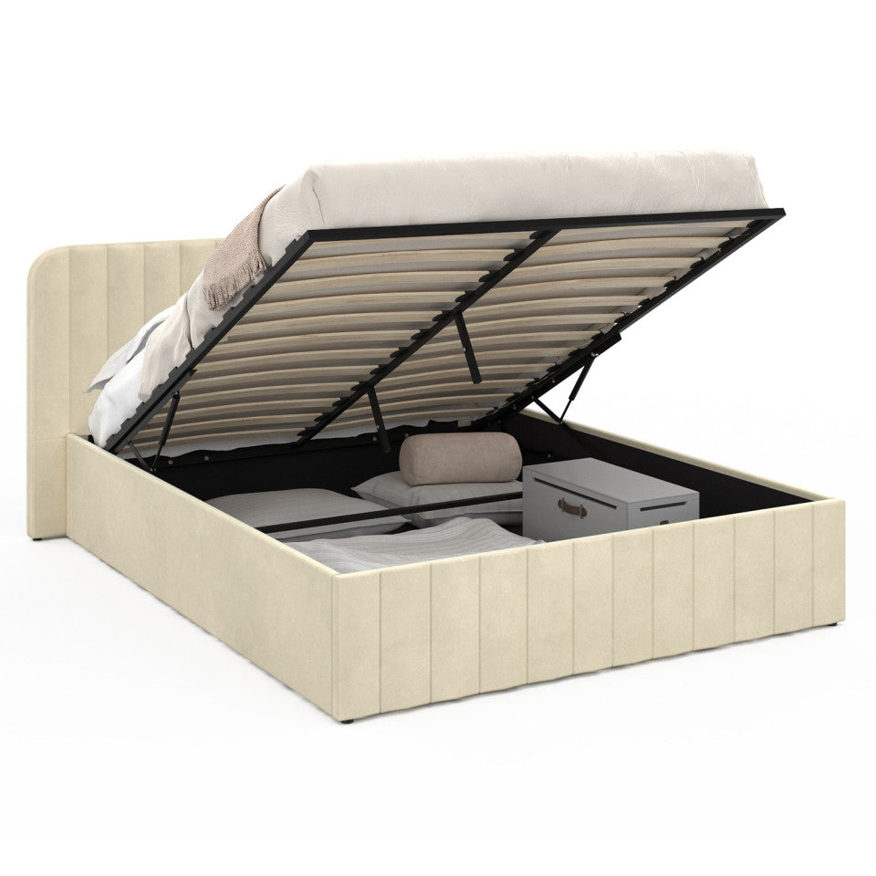 Lit coffre Valentina en velours beige avec sommier et tête de lit 160x200cm