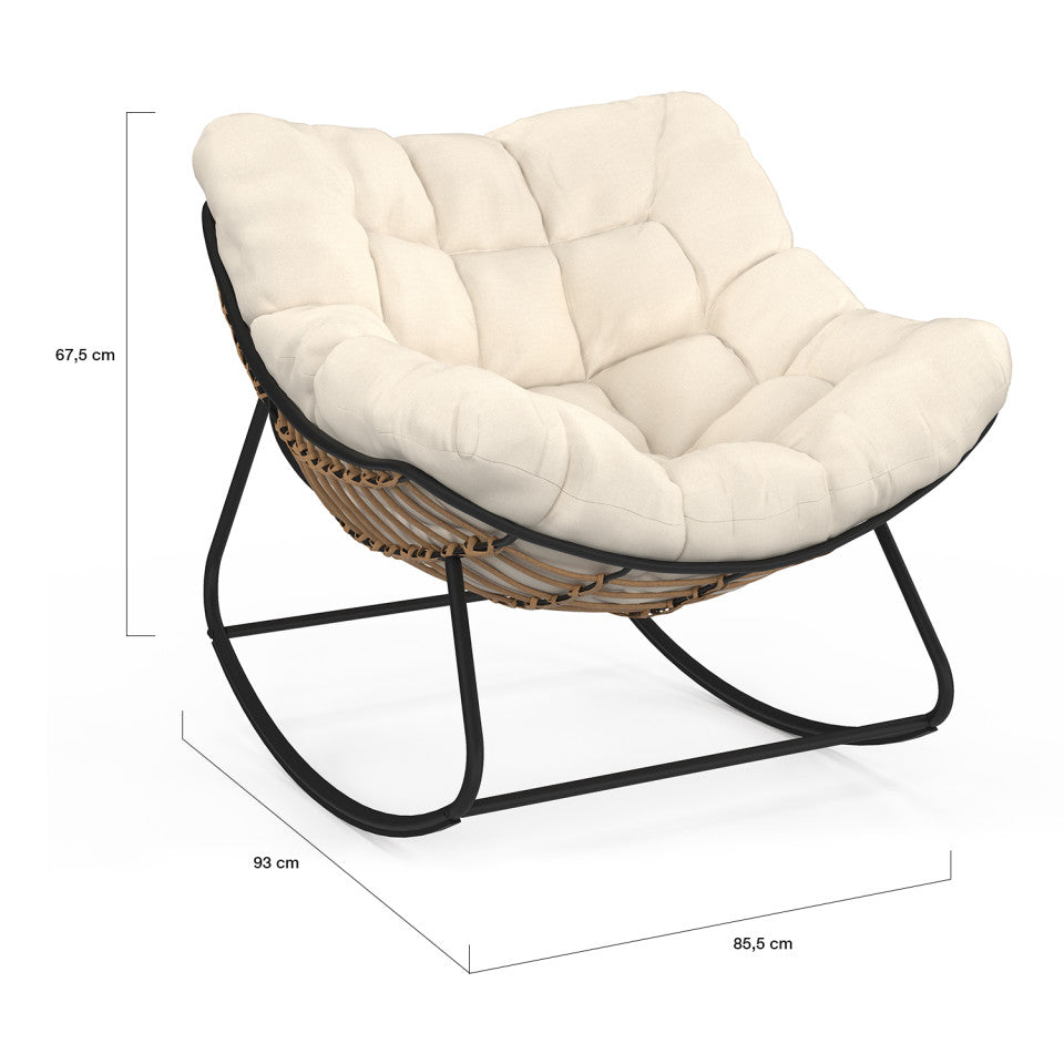 Fauteuil de jardin à bascule Lois rotin et coussin écru