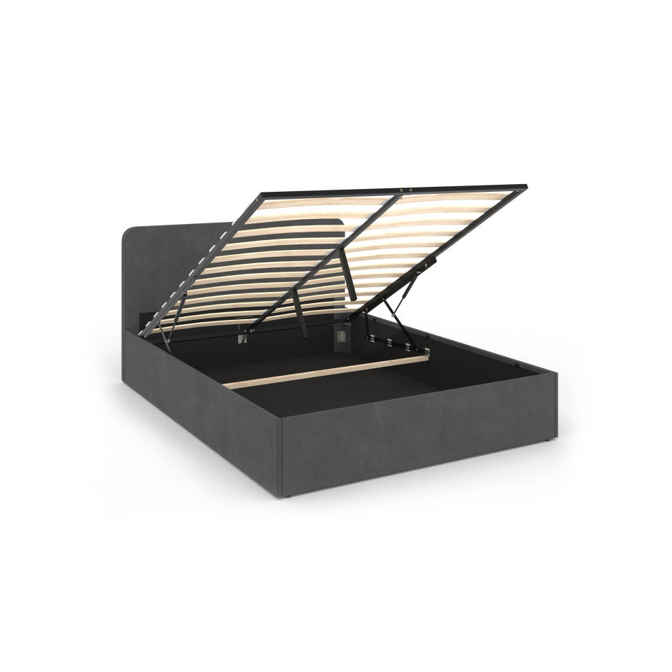 Lit coffre Louise en velours gris avec sommier et tête de lit arrondie 140x190cm