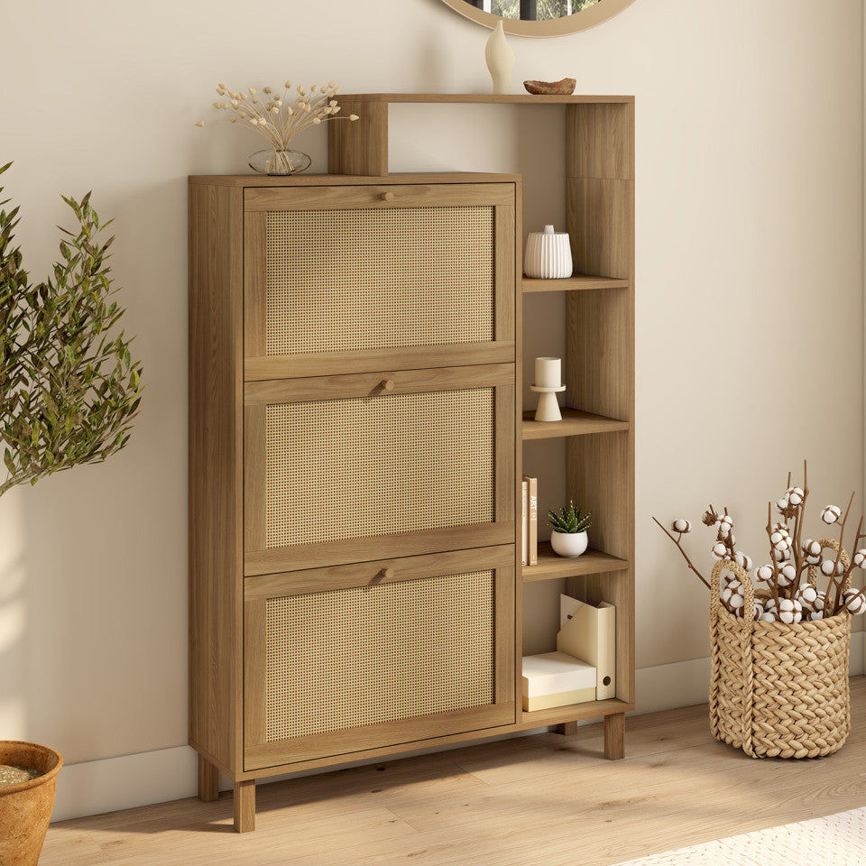 Meuble à chaussures Erin 3 portes en cannage avec étagères - 18 paires