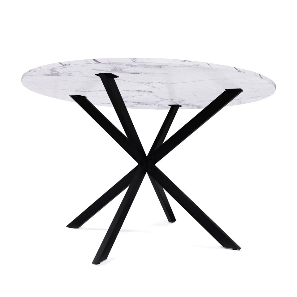 Table repas Soline 110cm plateau rond effet marbre et pieds croisés noirs