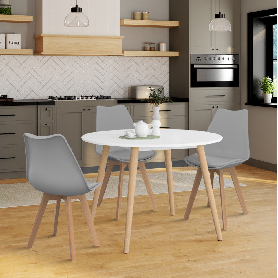 Table repas Stacy 110cm plateau rond blanc et pieds bois