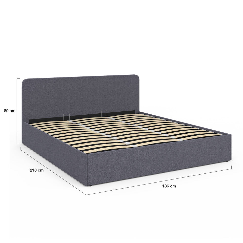 Lit coffre Louise en tissu gris avec sommier et tête de lit arrondie 180x200cm