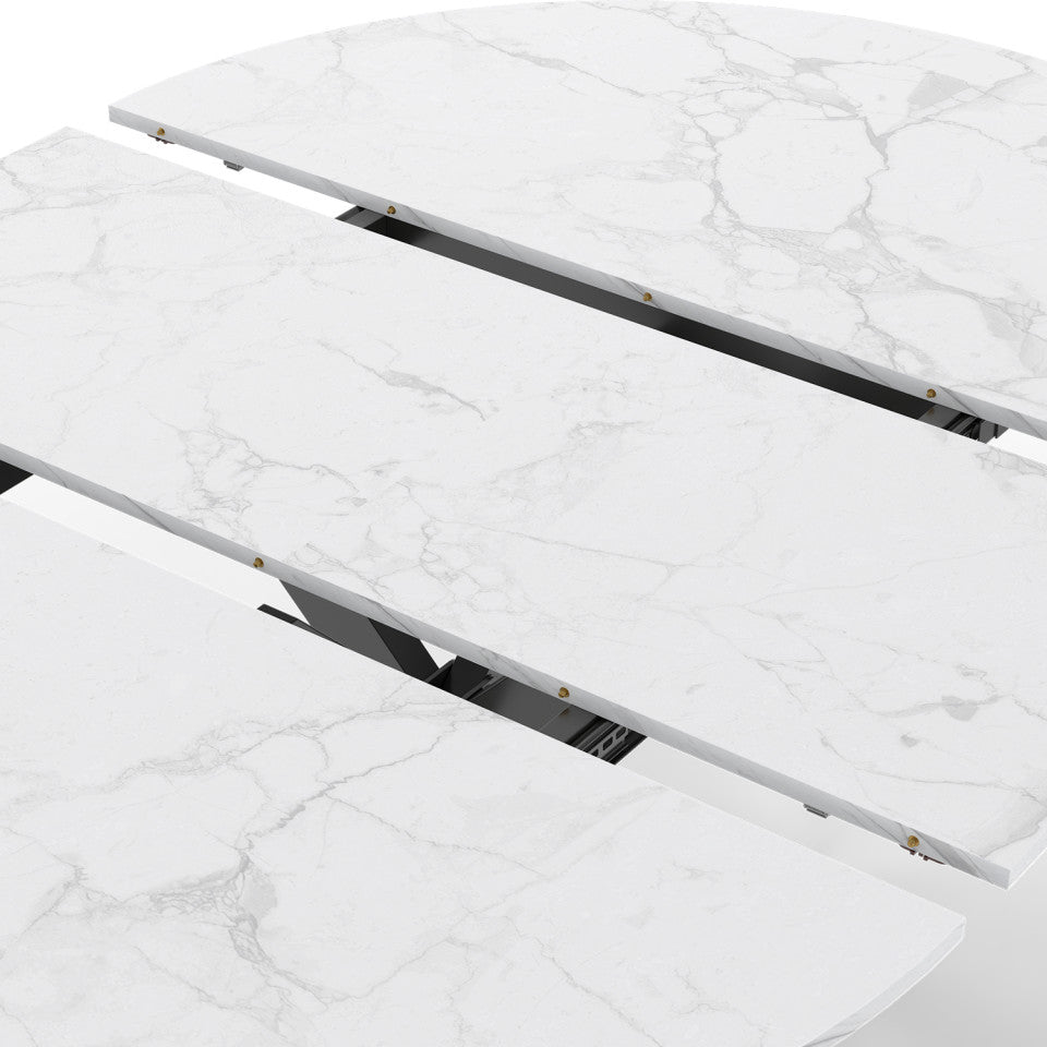 Table à manger ronde extensible Soline effet marbre blanc et noir Ø110-150cm