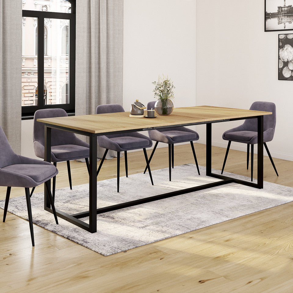 Table repas extensible Memphis 200-250cm plateau bois et pieds noirs
