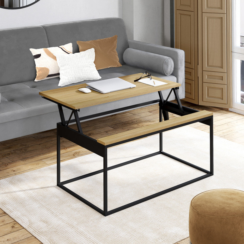 Table basse Memphis avec plateau relevable bois et pieds noirs L90cm