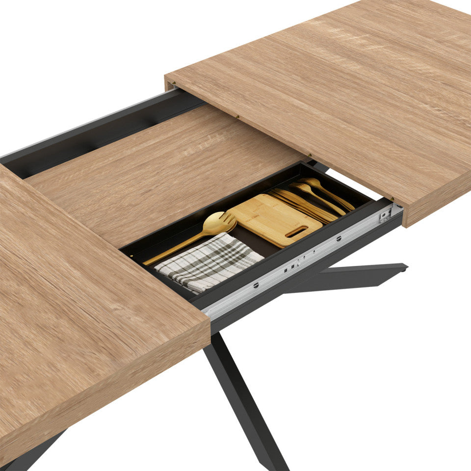 Table repas Spider plateau extensible 160-200cm bois avec rangement intégré et pieds croisés noirs