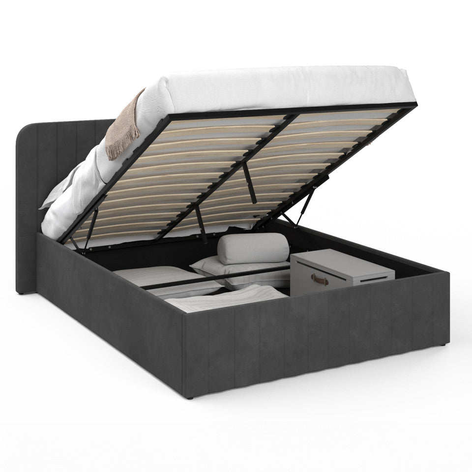 Lit coffre Valentina en velours gris avec sommier et tête de lit 140x190cm