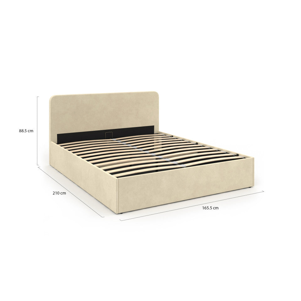Lit coffre Louise en velours beige avec sommier et tête de lit arrondie 160x200cm
