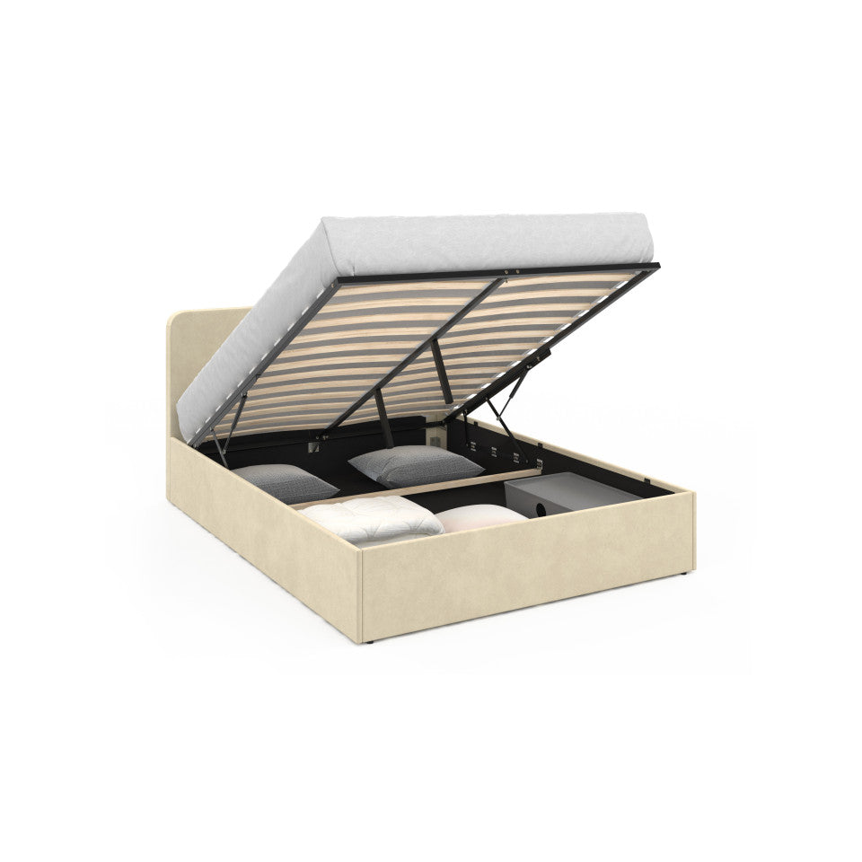 Lit coffre Louise en velours beige avec sommier et tête de lit arrondie 140x190cm