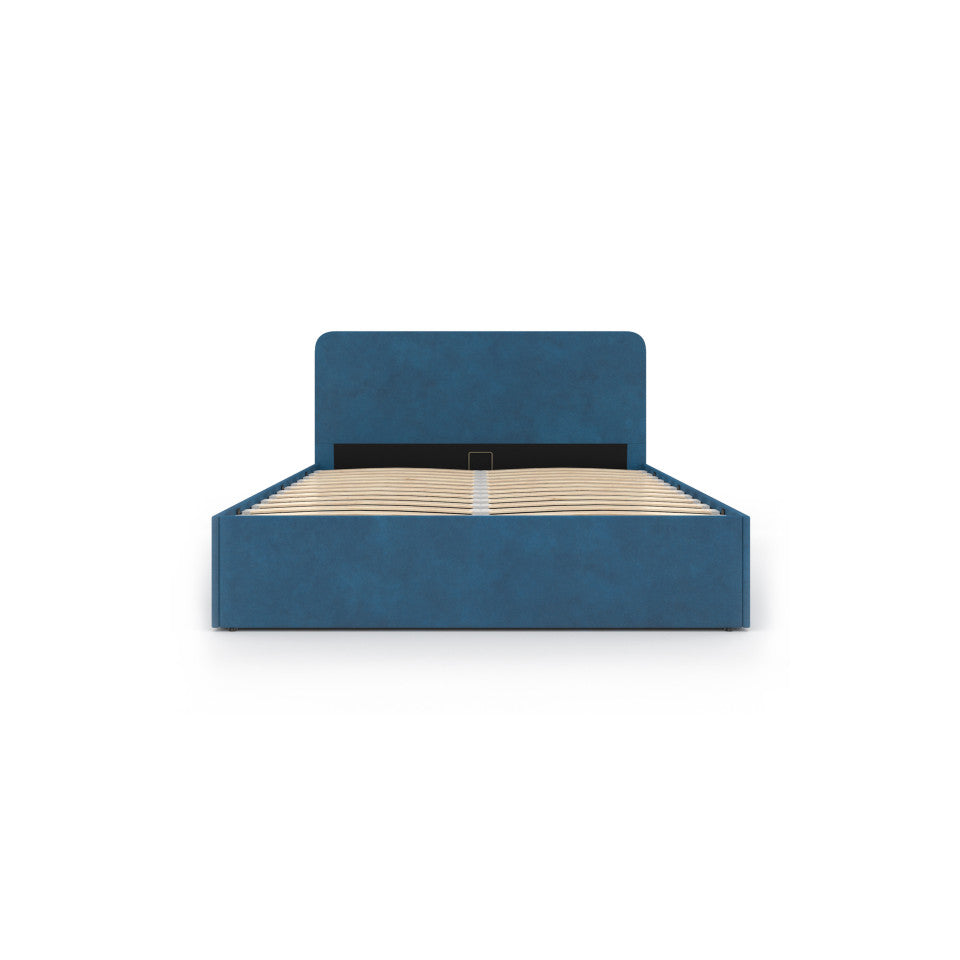 Lit coffre Louise en velours bleu avec sommier et tête de lit arrondie 140x190cm