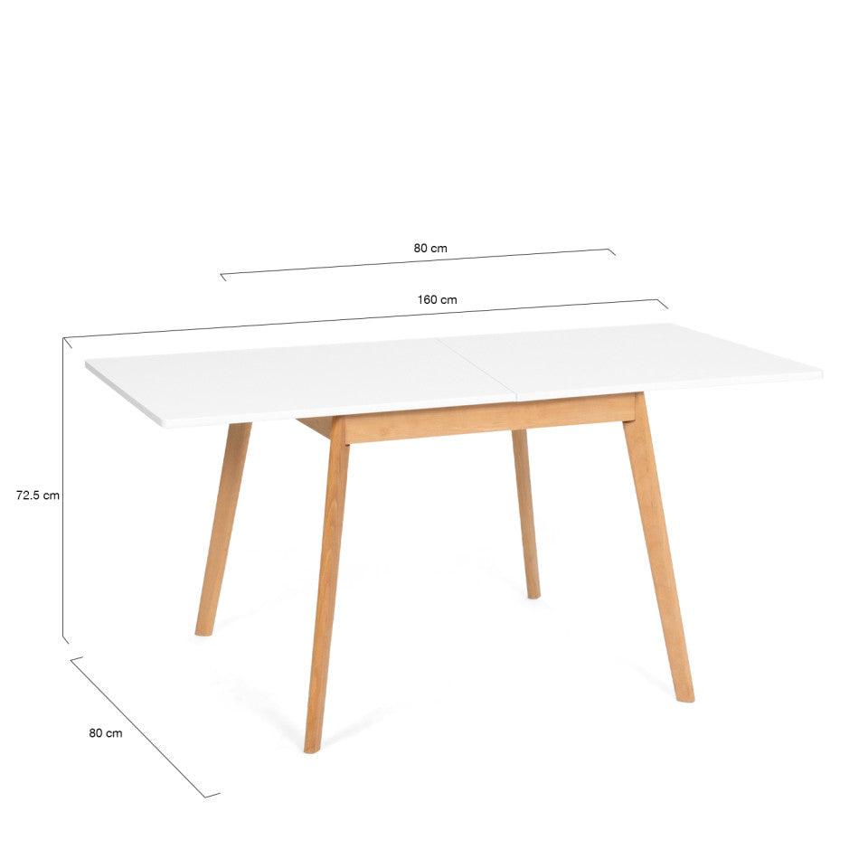 Table repas scandinave pliable 80-160cm plateau blanc et pieds bois