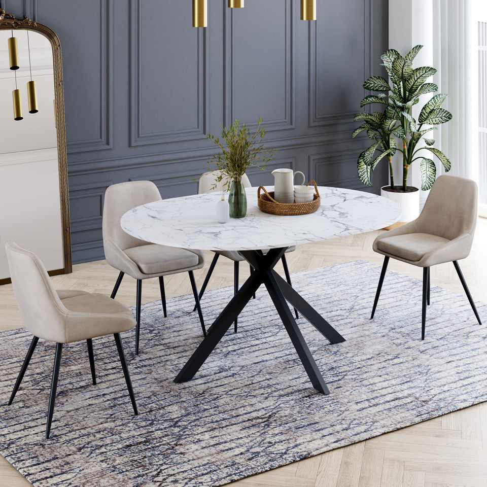 Table à manger ronde extensible Soline effet marbre blanc et noir Ø110-150cm