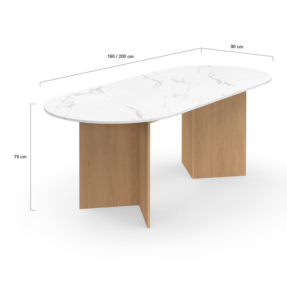Table à manger extensible Gabin effet marbre blanc et pieds design 160-200cm