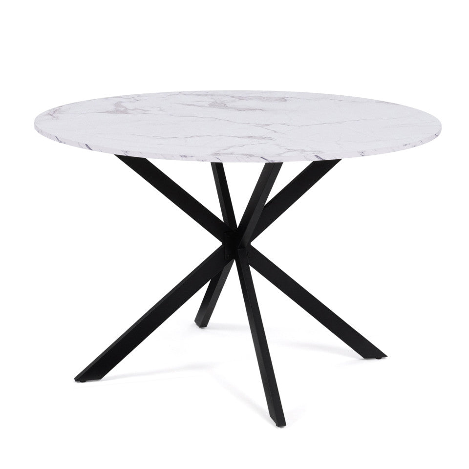 Table repas Soline 110cm plateau rond effet marbre et pieds croisés noirs