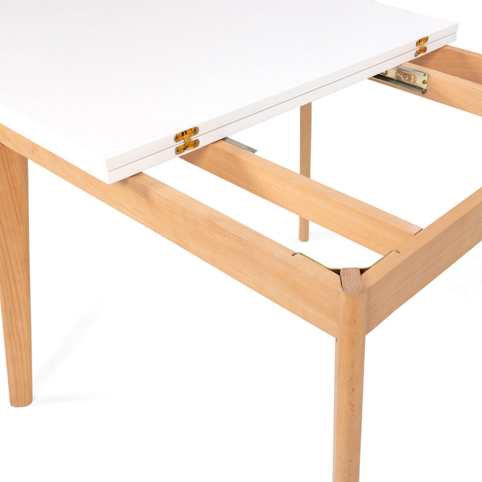 Table repas scandinave pliable 80-160cm plateau blanc et pieds bois