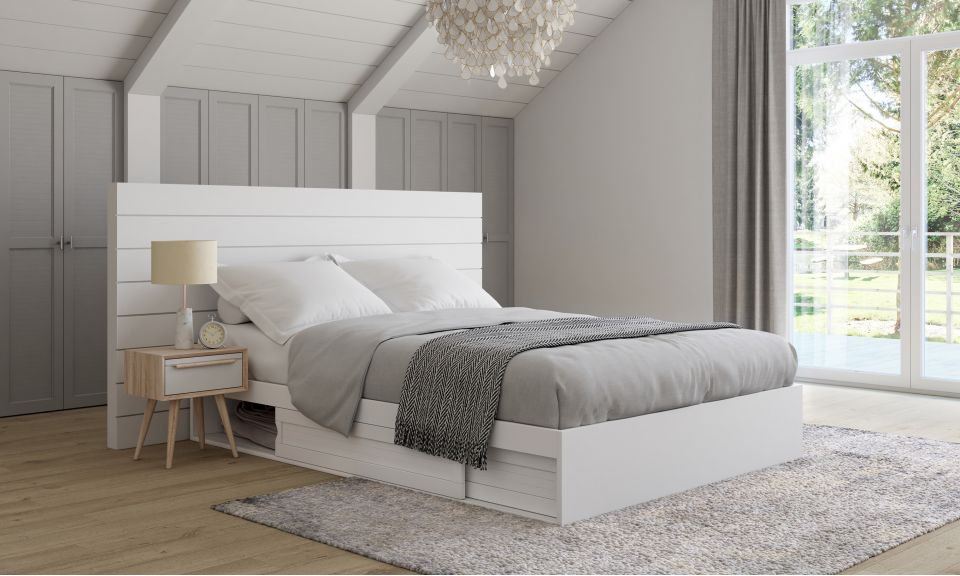 Cadre de lit Orem blanc avec sommier et rangements intégrés 140x190cm