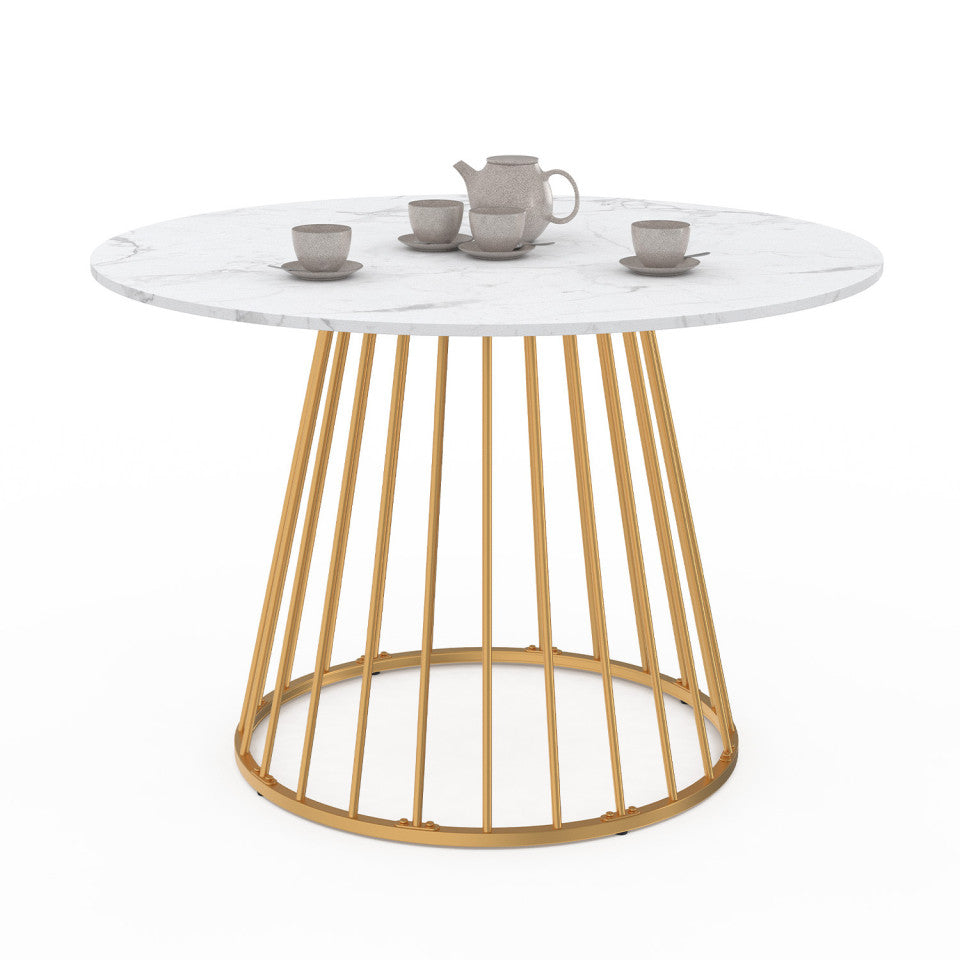 Table repas Adelle plateau rond effet marbre 110cm et pied filaire doré