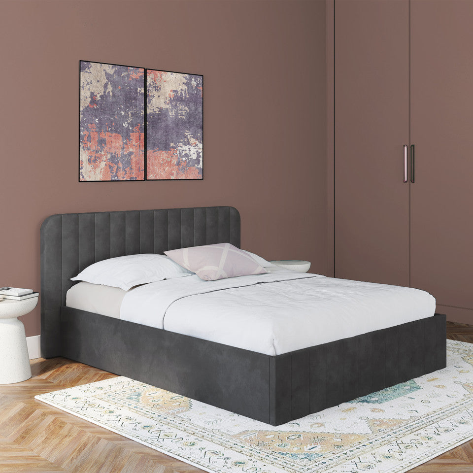 Lit coffre Valentina en velours gris avec sommier et tête de lit 140x190cm