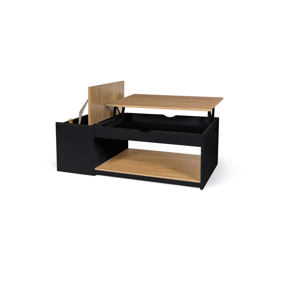Table basse Elina avec plateau relevable et coffre latéral noir et bois L110cm