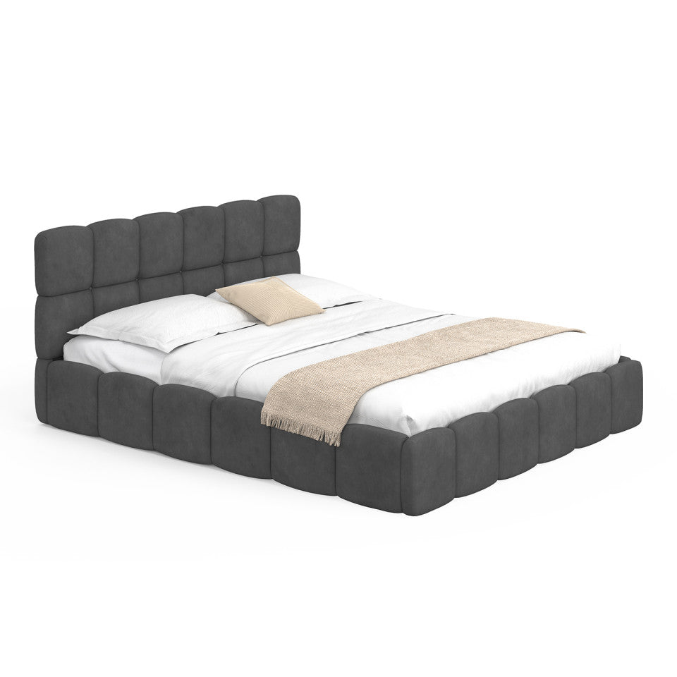 Lit coffre Bubble en velours gris avec sommier et tête de lit 160x200cm