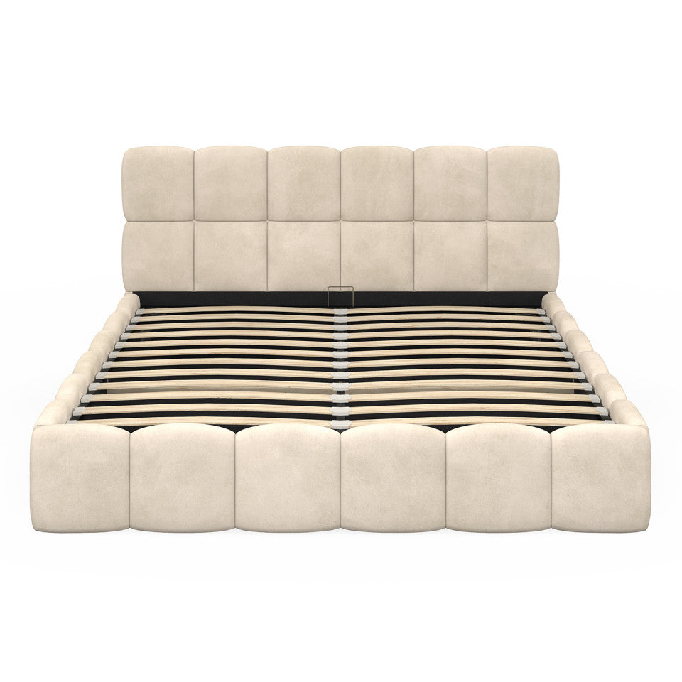 Lit coffre Bubble en velours beige avec sommier et tête de lit 160x200cm