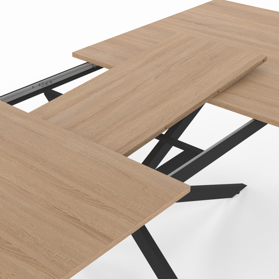 Table repas Spider plateau extensible 200-240cm bois avec rangement intégré et pieds croisés noirs