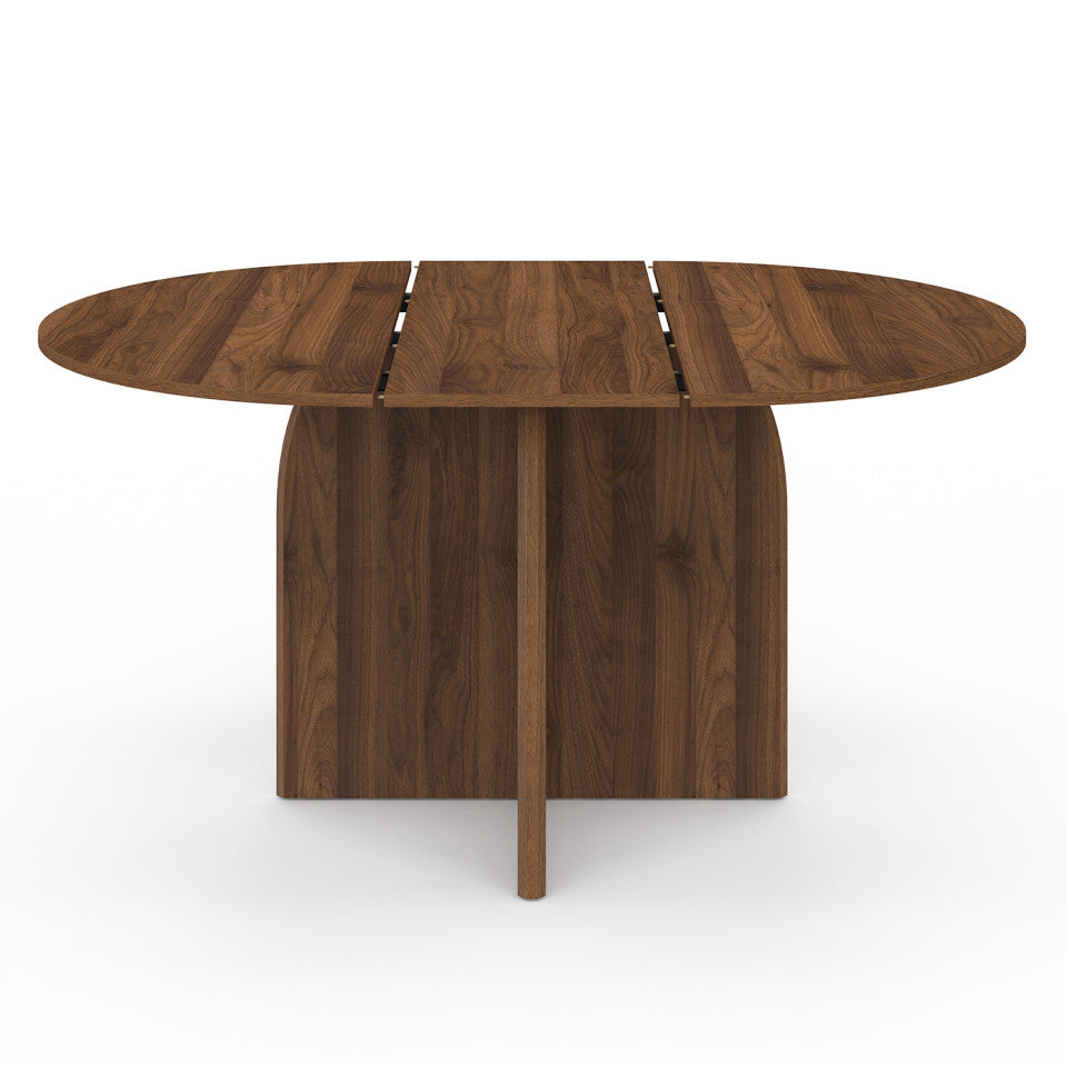 Table à manger ronde extensible Japandi pied central effet noyer Ø110-150cm