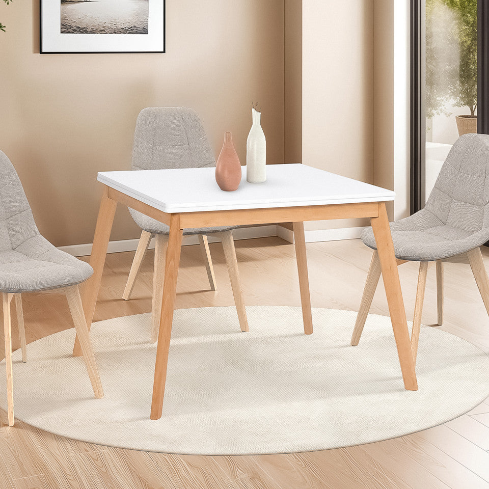 Table repas scandinave pliable 80-160cm plateau blanc et pieds bois