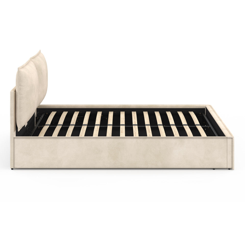 Lit coffre Lilou en velours beige avec sommier et tête de lit effet oreiller 140x190cm
