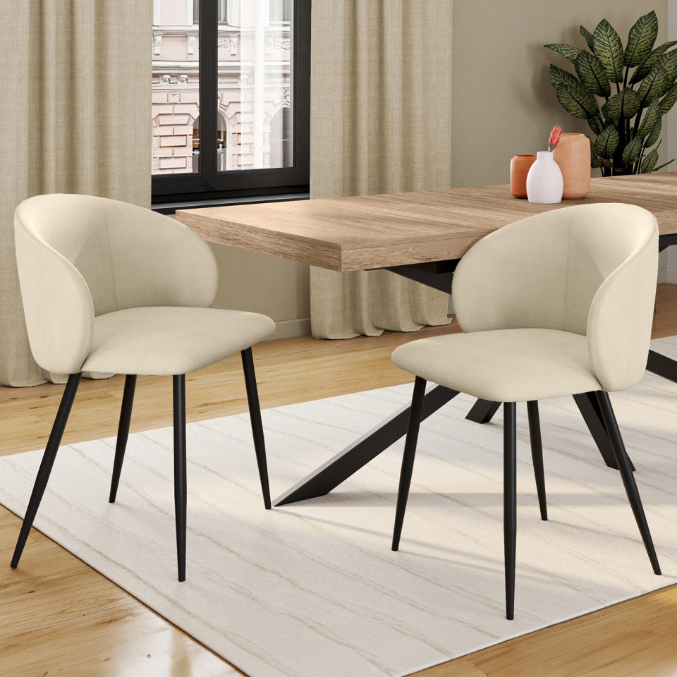 Chaises Léona en velours crème et pieds métal noirs - lot de 2
