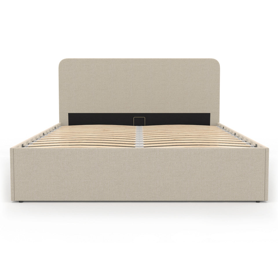 Lit coffre Louise en tissu beige avec sommier et tête de lit arrondie 140x190cm