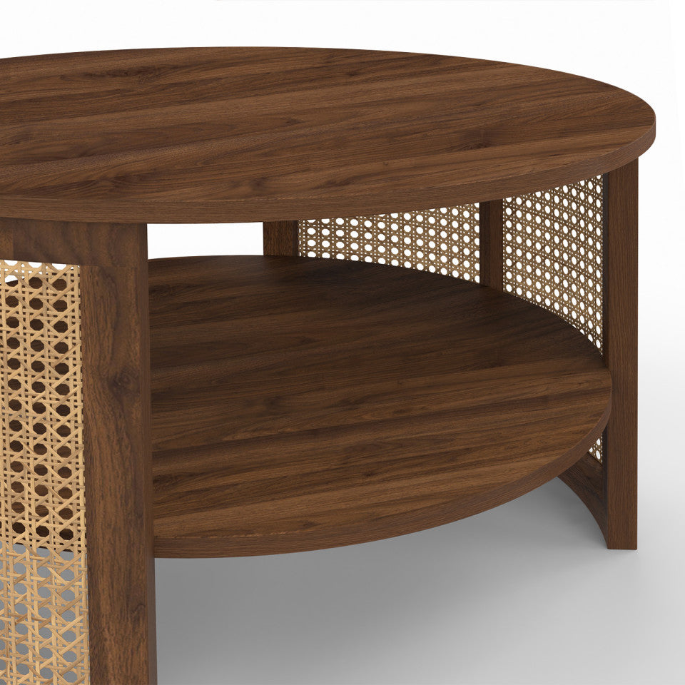 Table basse ronde Eve cannage effet noyer Ø70cm